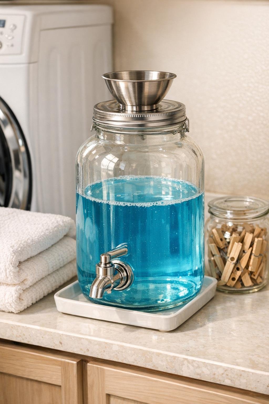 Finished glass drink dispenser detergent pourer with metal funnel in a laundry room