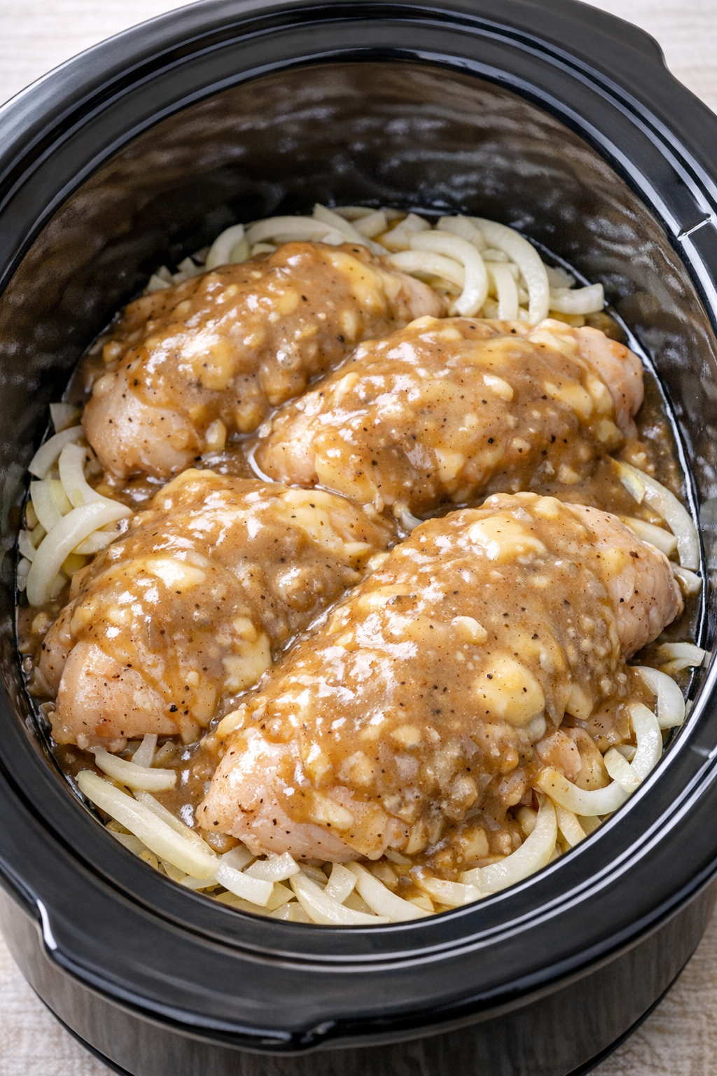Sauce spread over chicken in slow cooker
