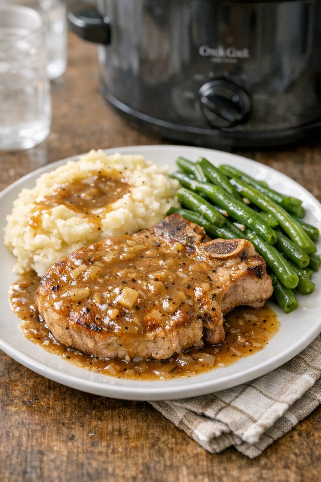 Finished slow cooker bone-in pork chops with savory gravy
