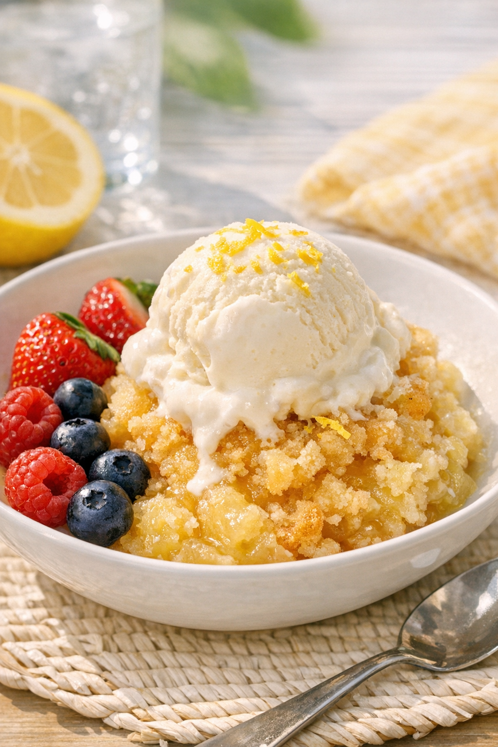 Plated limoncello spritz dump cake served warm with ice cream