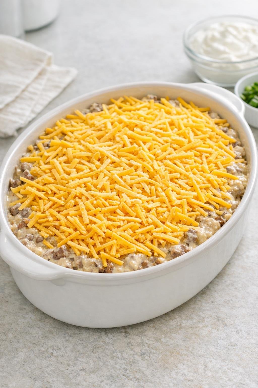 Unbaked beef casserole topped with cheddar