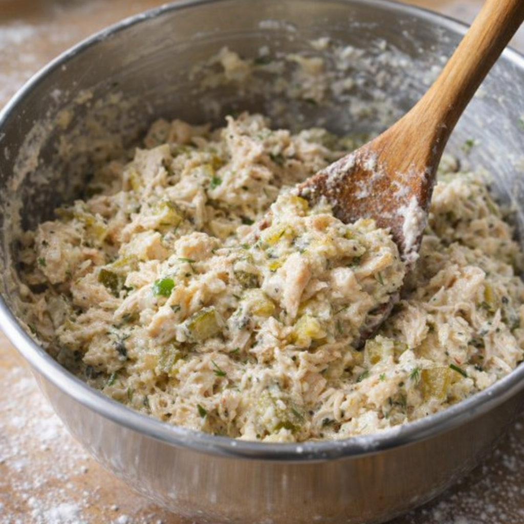 Chicken fritter mixture being stirred in a mixing bowl
