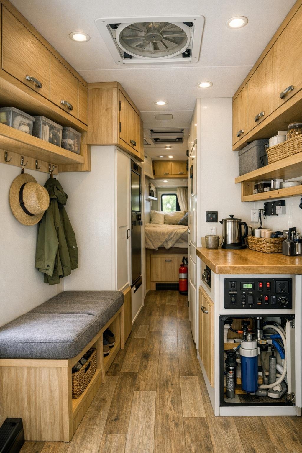 Smart storage and passage area inside camper with custom cabinetry