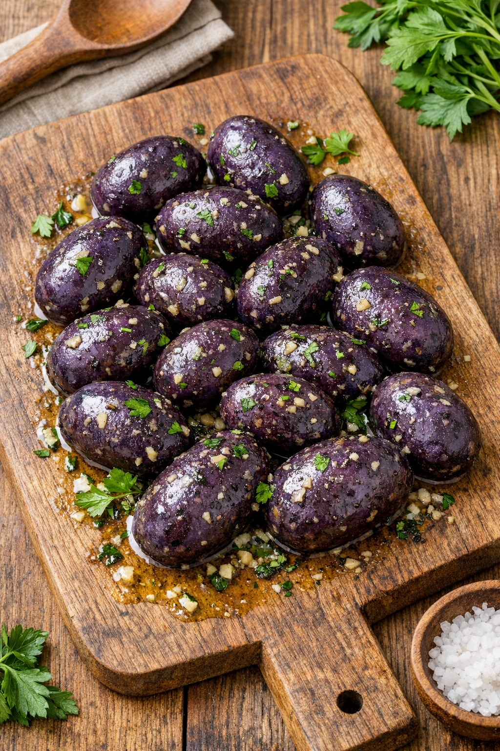 Finished herb butter purple baby potatoes plated and ready to serve