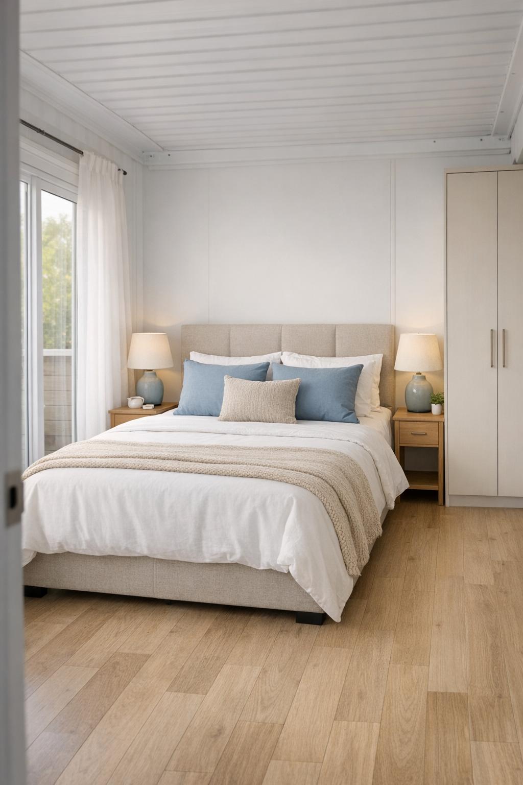 Serene bedroom with layered neutral bedding, blue accents, and built-in wardrobes
