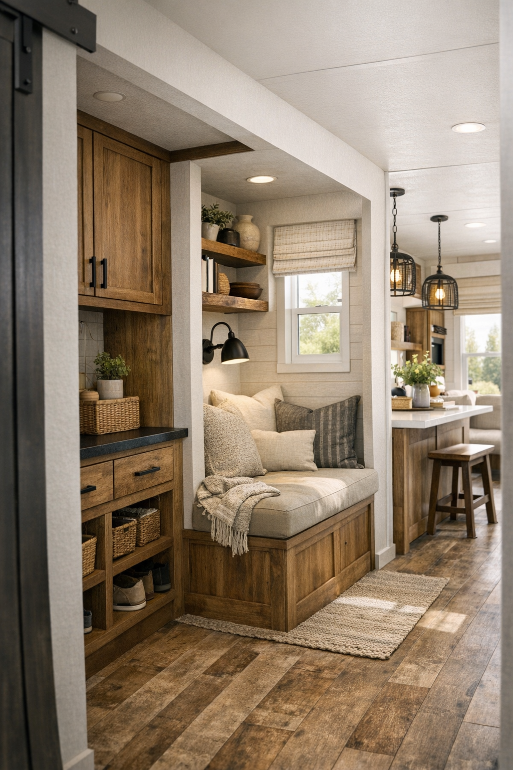 Smart multifunctional nook with built-in storage and modern farmhouse finishes