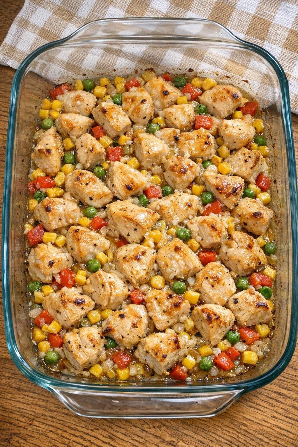 Finished baked diced chicken in a glass baking dish