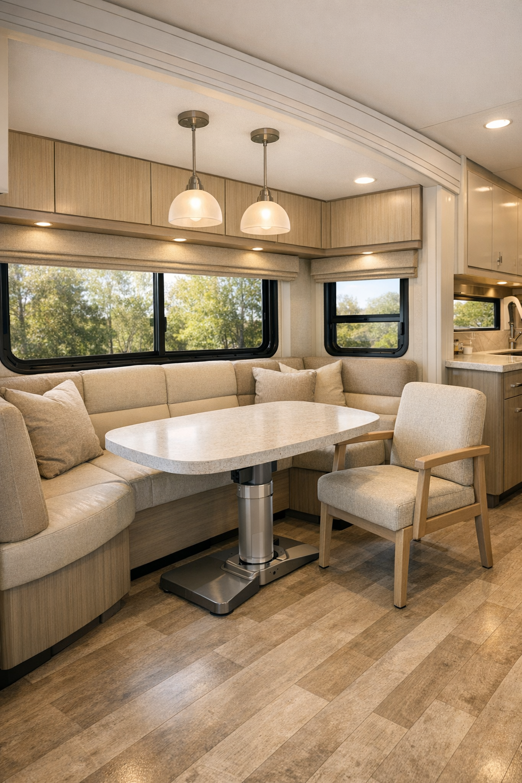 RV camper dining area with rounded table and soft neutral seating