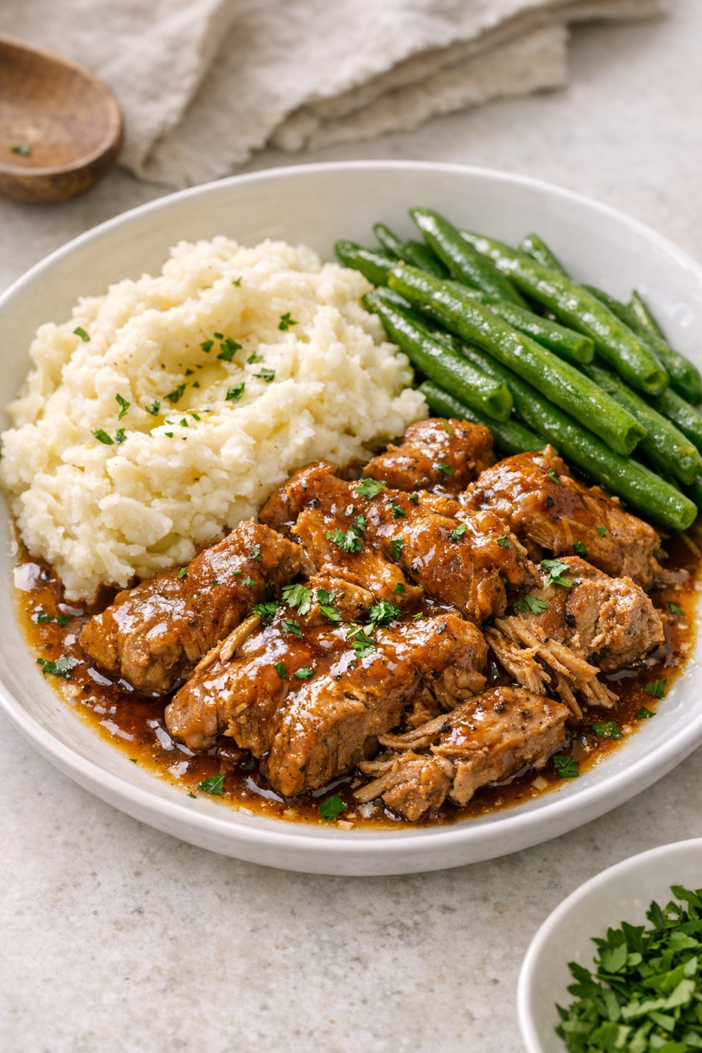 Finished slow cooker pork country-style ribs plated with sauce