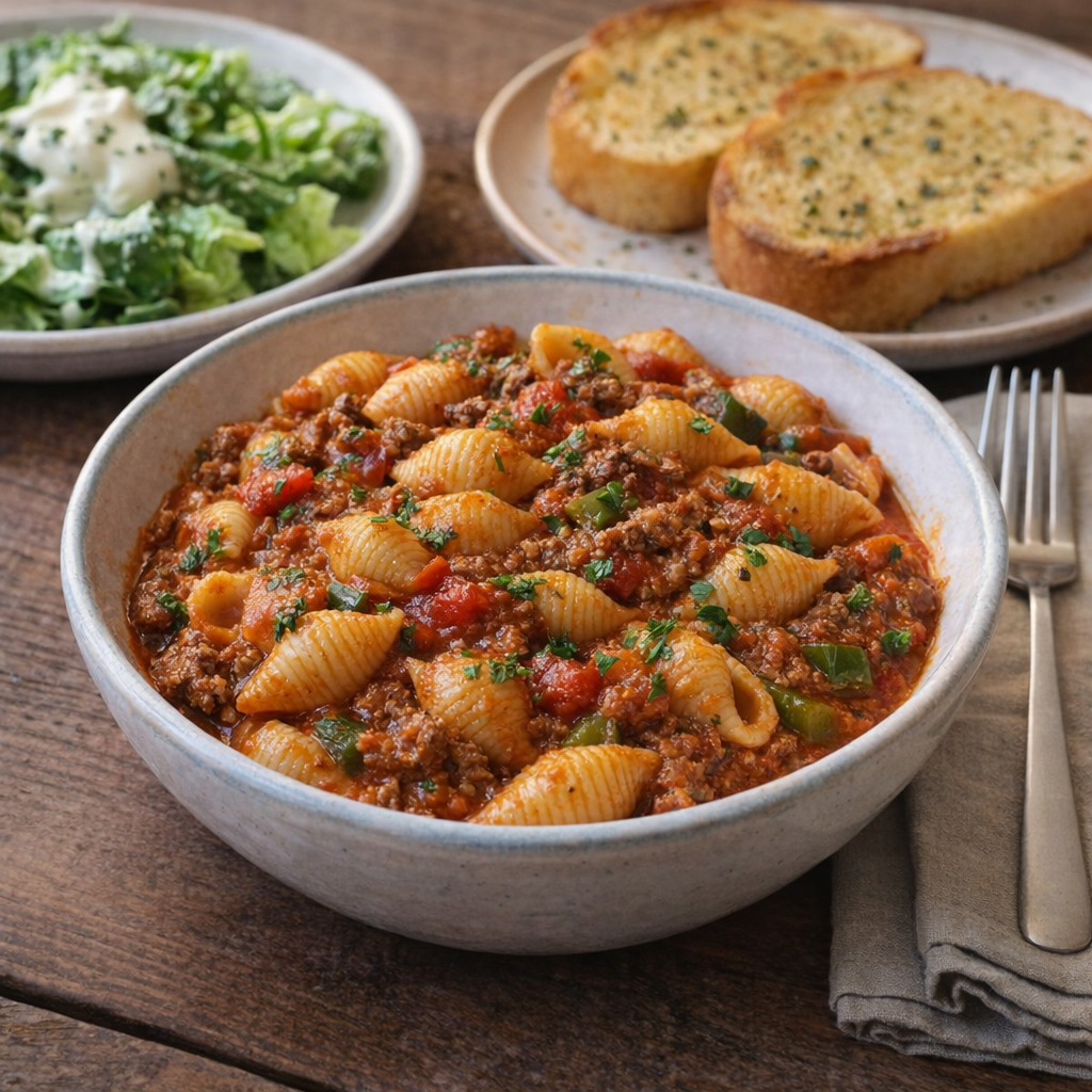 Pasta supper with salad and garlic toast