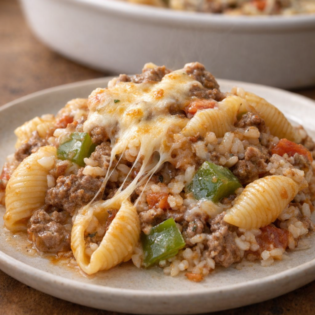 Served spoonful of stuffed pepper pasta on a plate