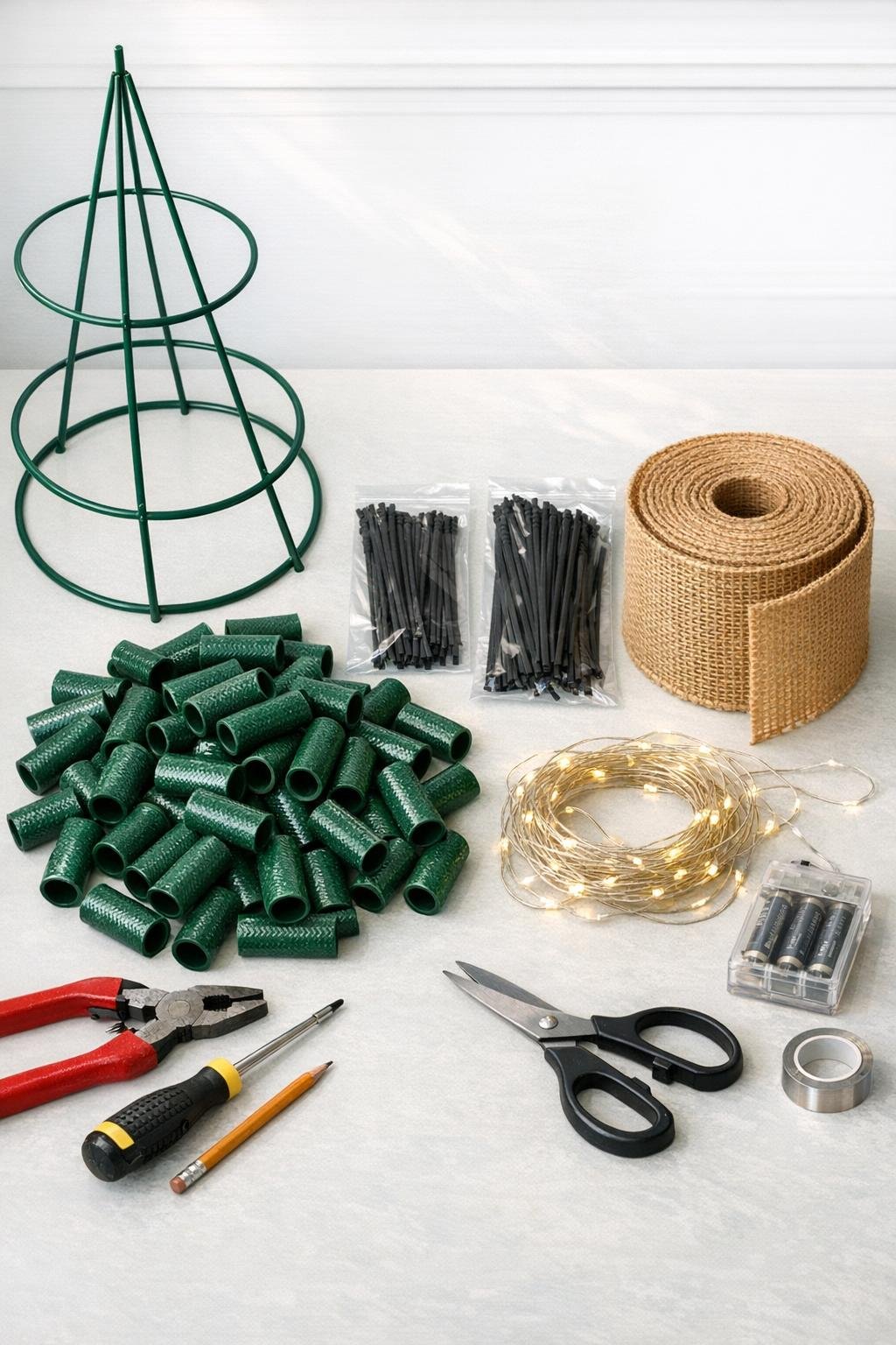 Materials laid out for a tomato cage winterizing wrapper project