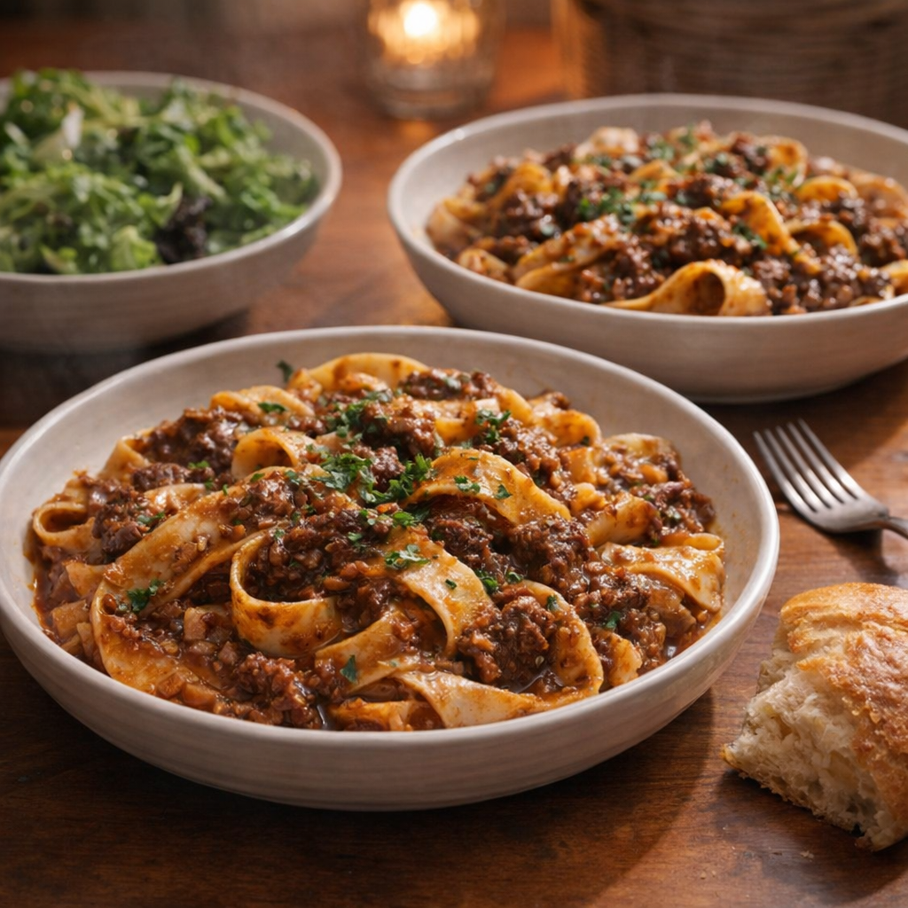Bowls of ribbon noodles served for dinner
