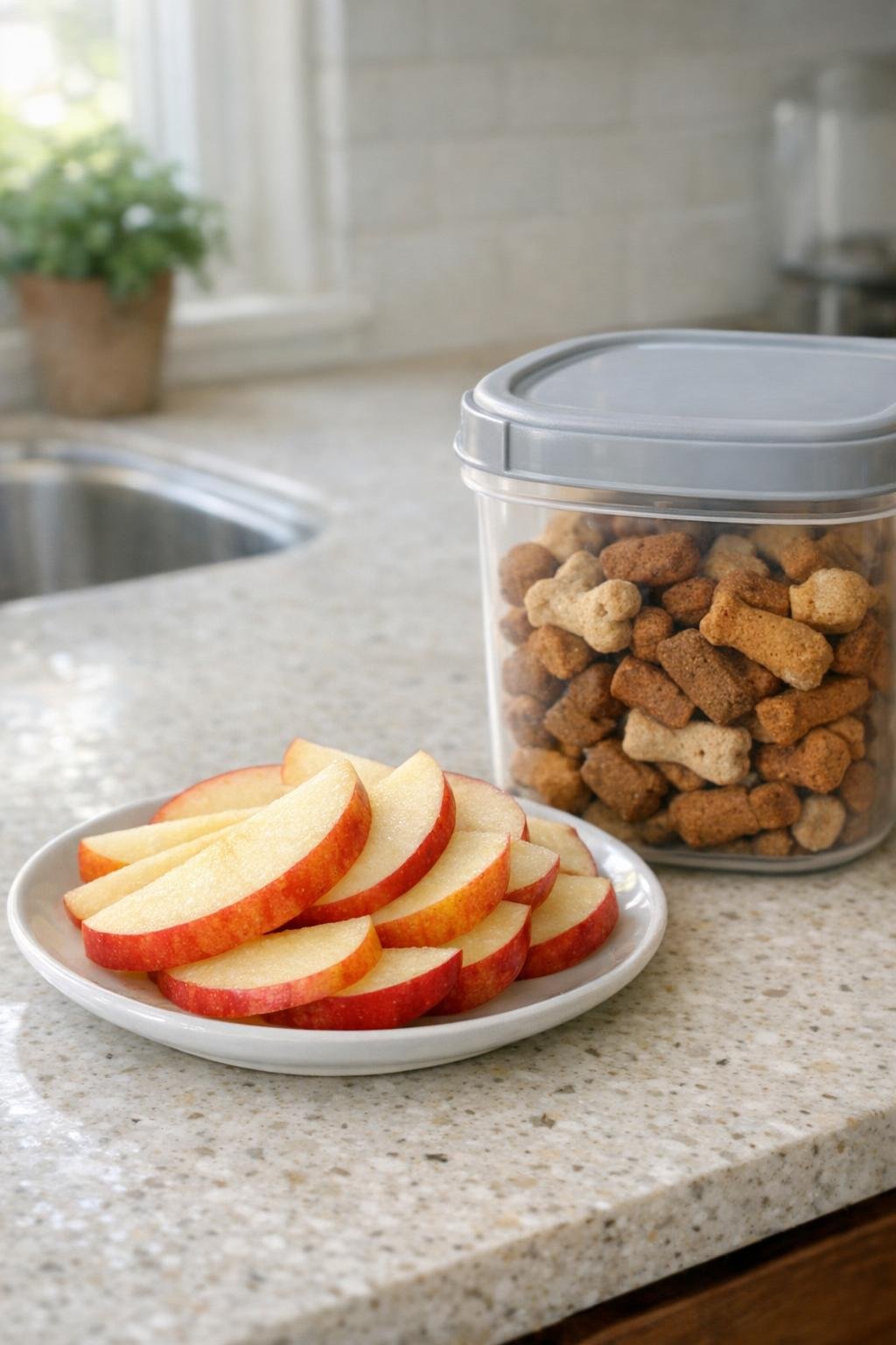 Thin apple slices on a plate next to a small container for dog treats