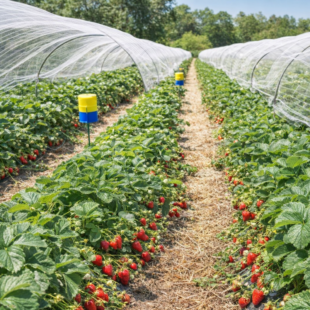 Rows of strawberries in a field with protective netting and monitoring traps