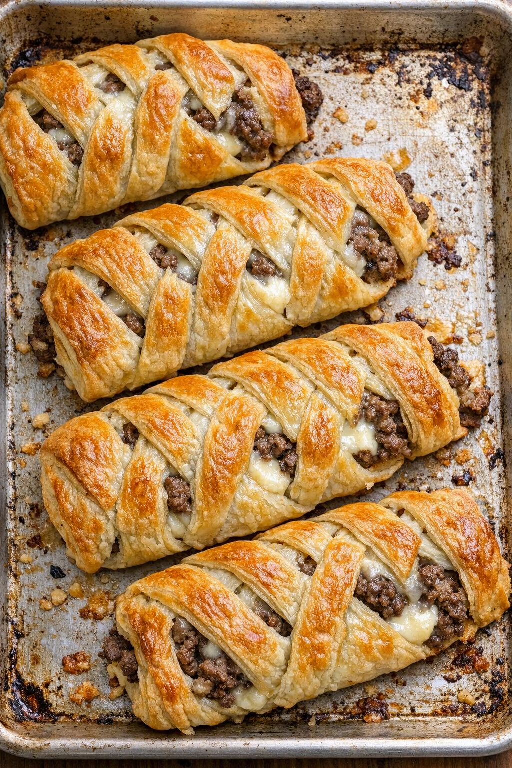 Oven baked beef pastry braids on a baking sheet