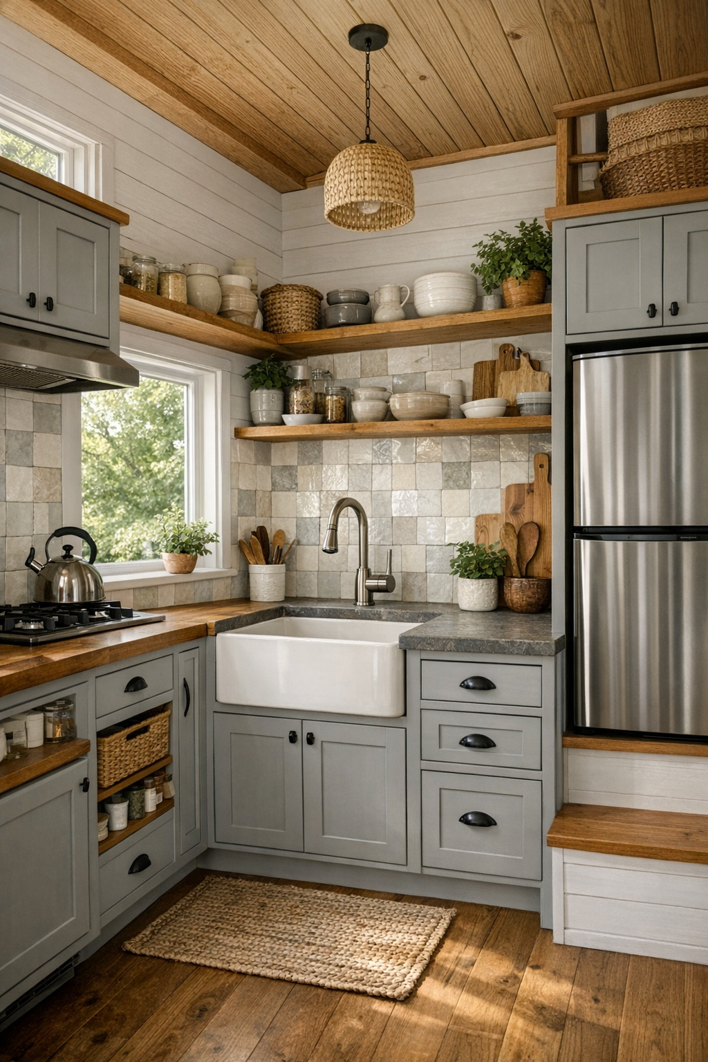 Handcrafted tiny home kitchen with pearl gray cabinetry, warm wood counters, and handmade tile