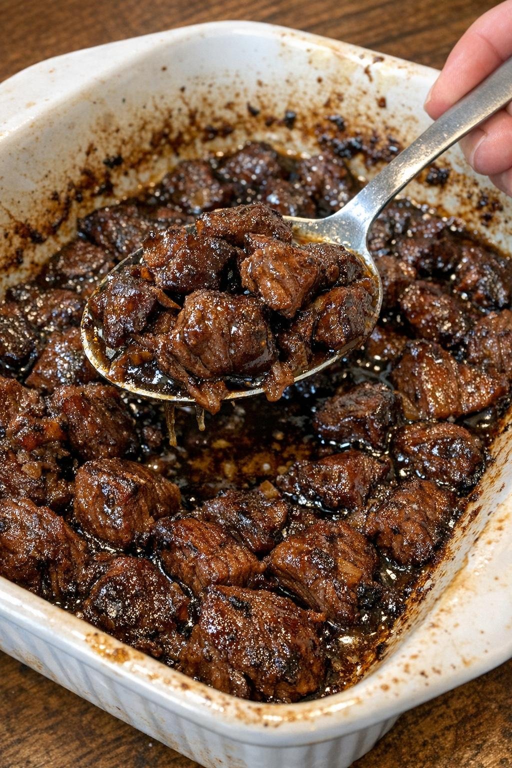 Glossy savory beef bites in a casserole dish