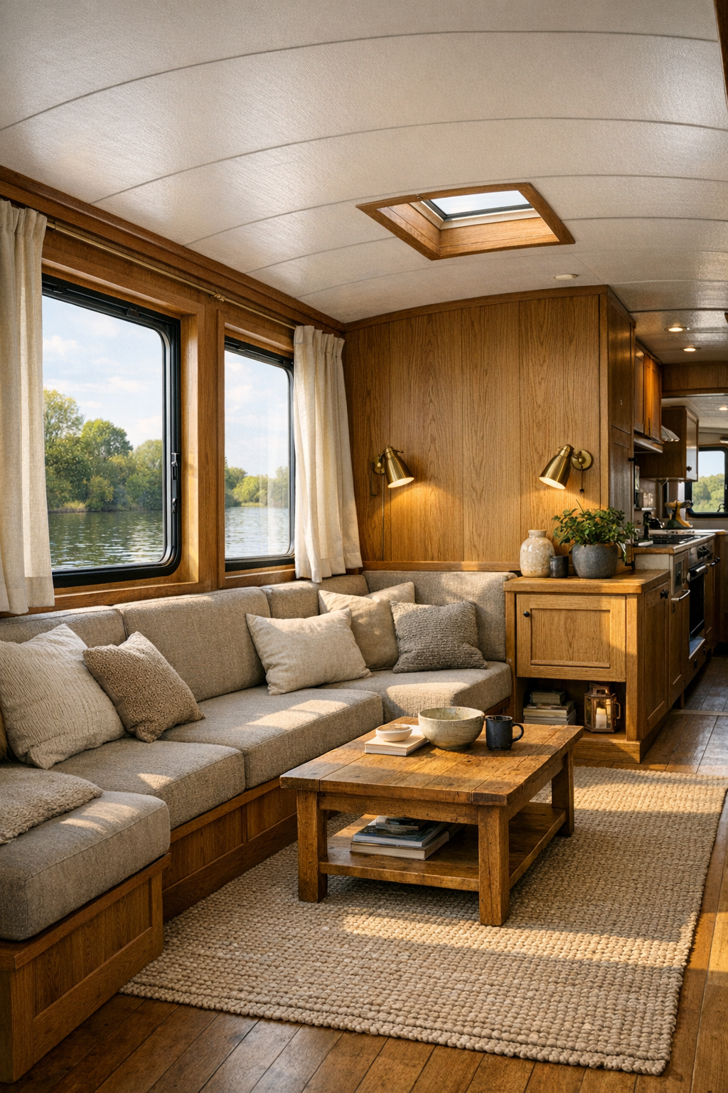 Accessible living room inside a Dutch barge with built-in seating, warm oak joinery, and soft neutral textiles