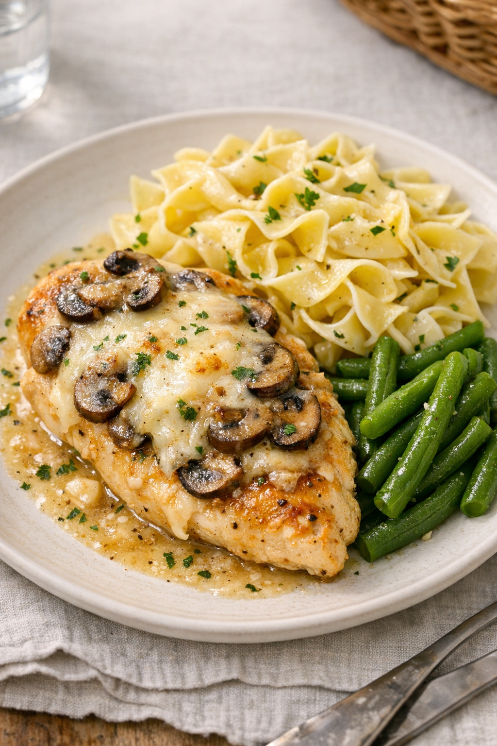 Finished chicken lombardy plated with noodles and vegetables