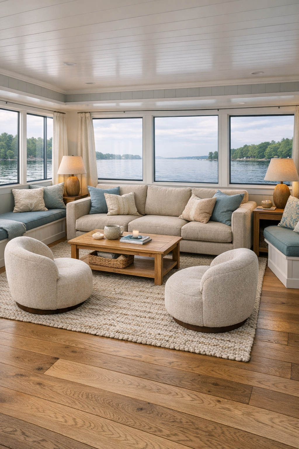 Living room with wide windows, oak floors, linen seating, and soft coastal colors