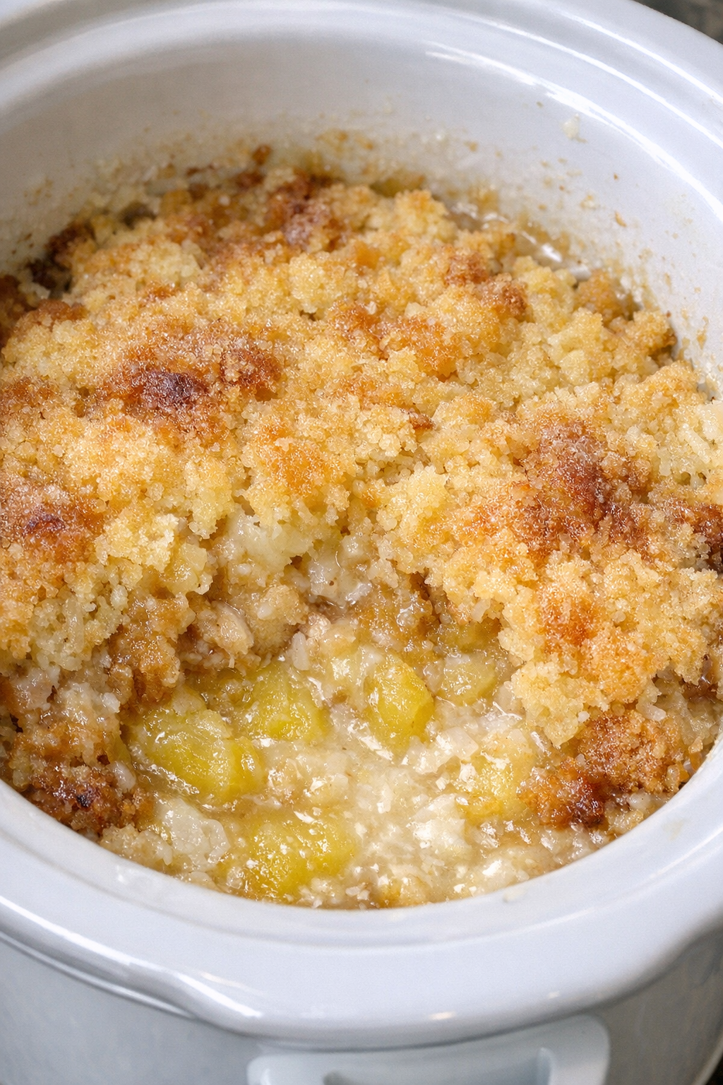 Slow cooker piña colada dump cake in a white slow cooker