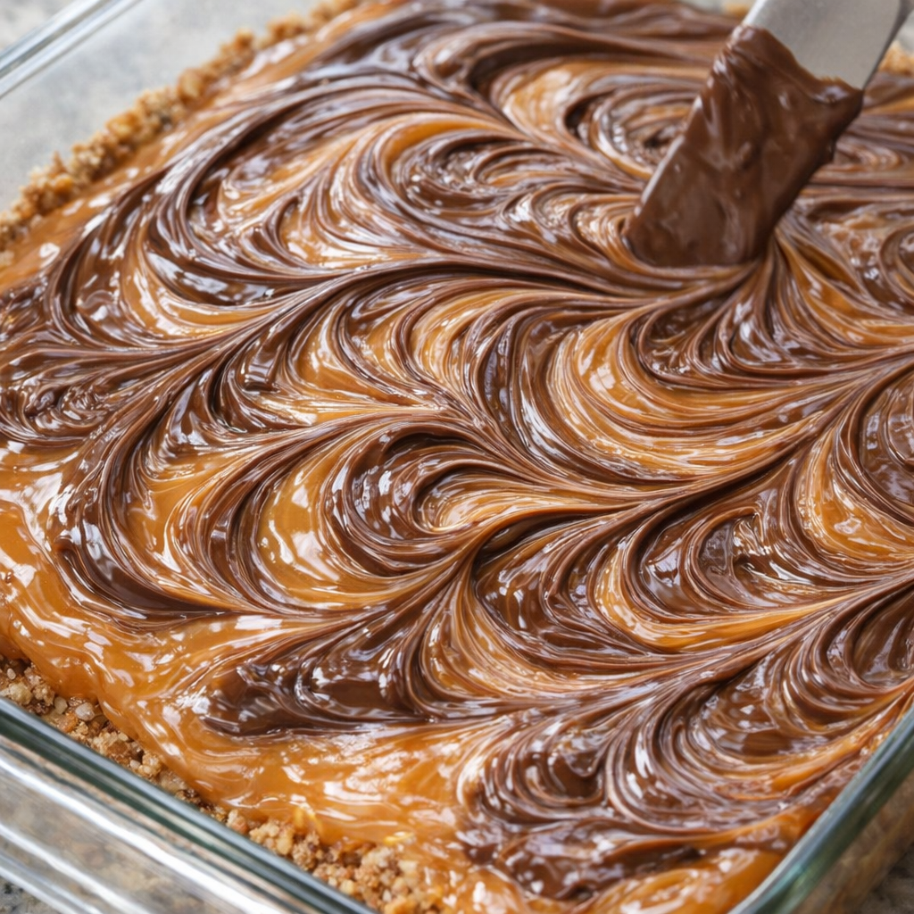 Swirling melted chocolate over caramel in the baking dish