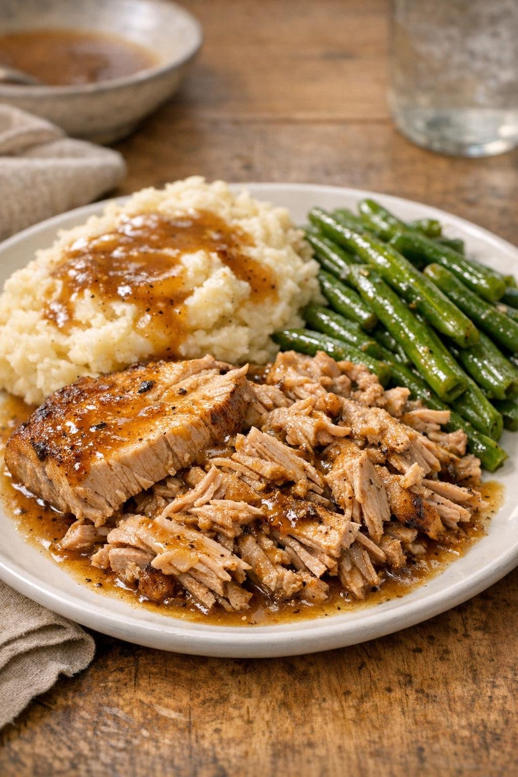 Finished slow cooker pork loin plated for dinner