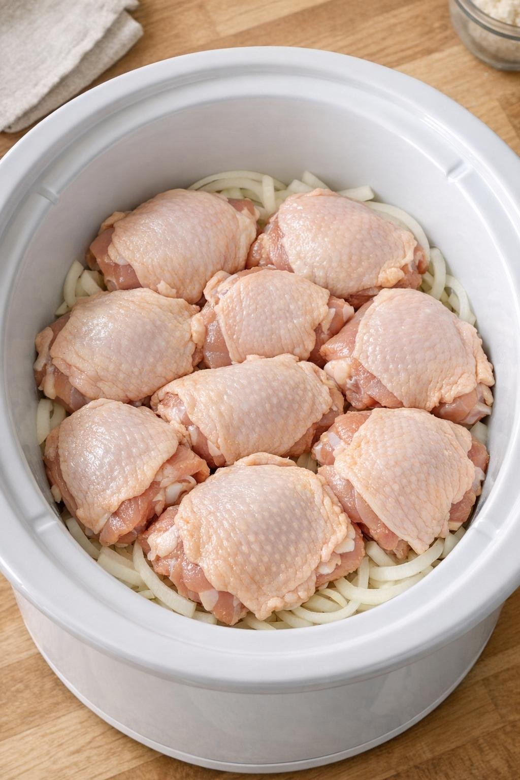 Raw chicken thighs arranged over onions in a slow cooker