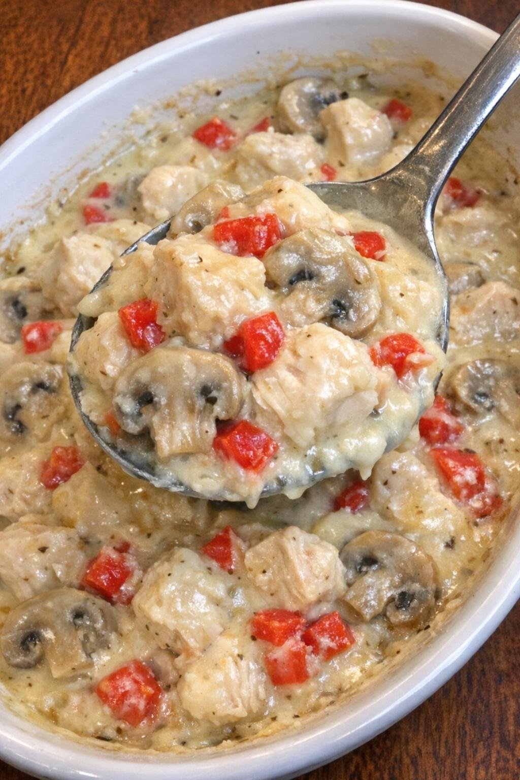 Creamy chicken a la king casserole in a white dish