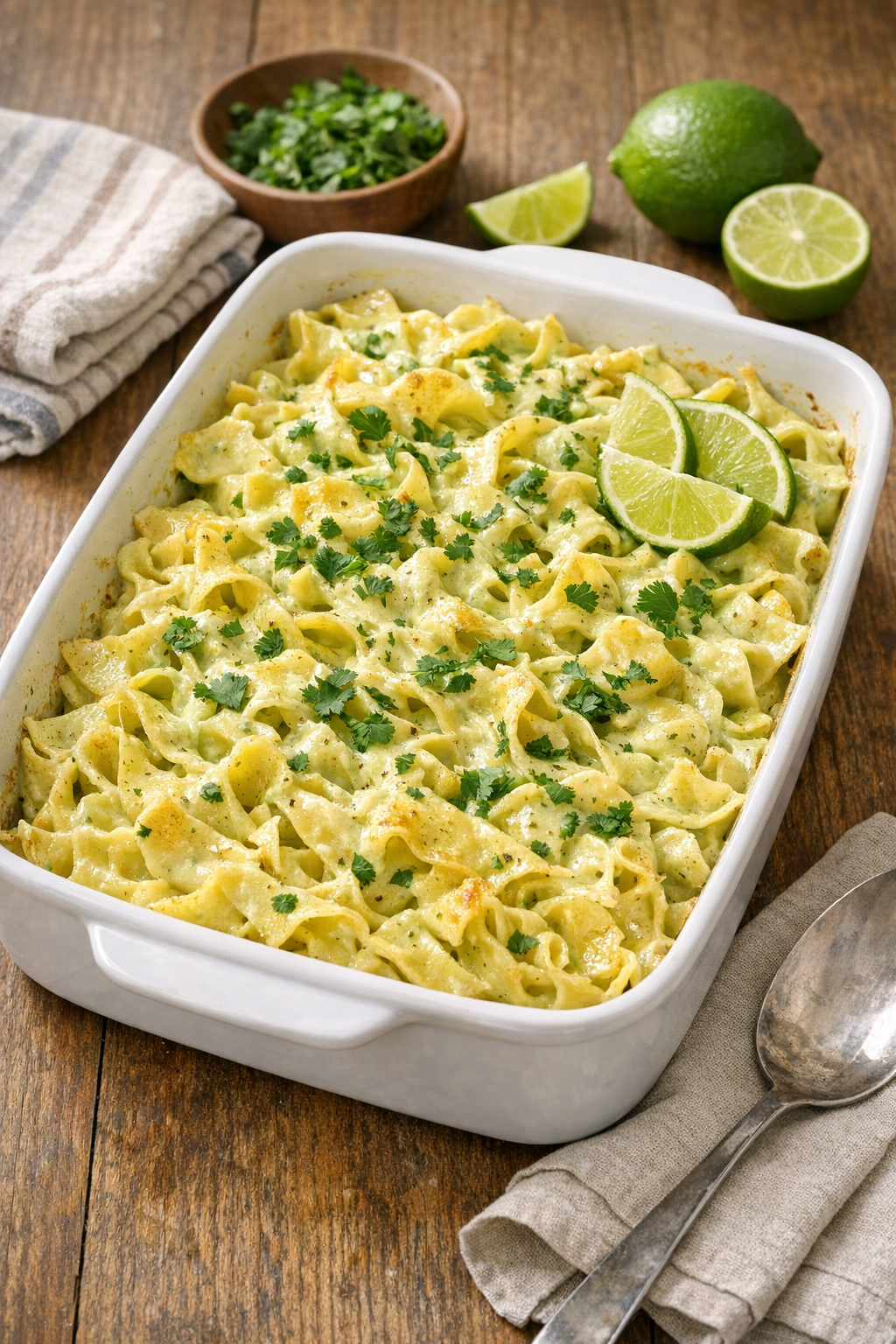 Finished baked avocado lime egg noodles in a rustic baking dish