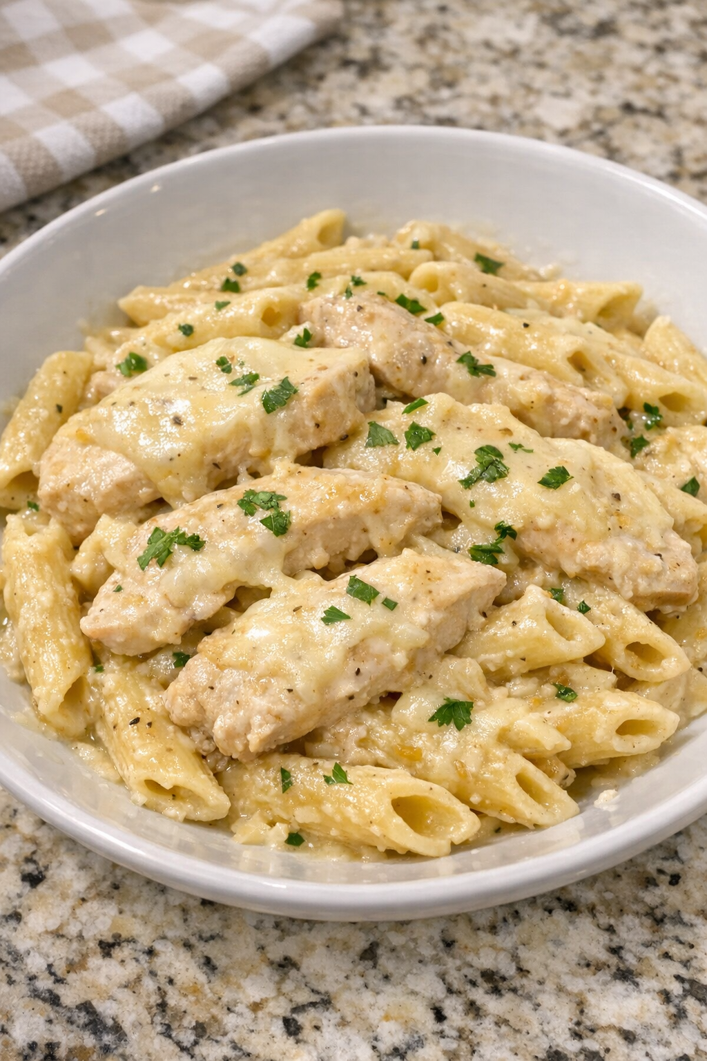 Finished Amish provolone chicken pasta plated in a bowl
