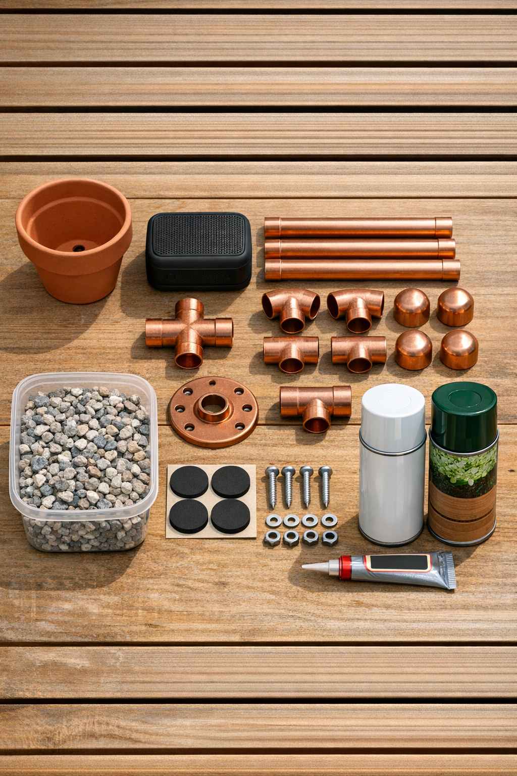 Materials for a painted terracotta pot outdoor speaker stand laid out together