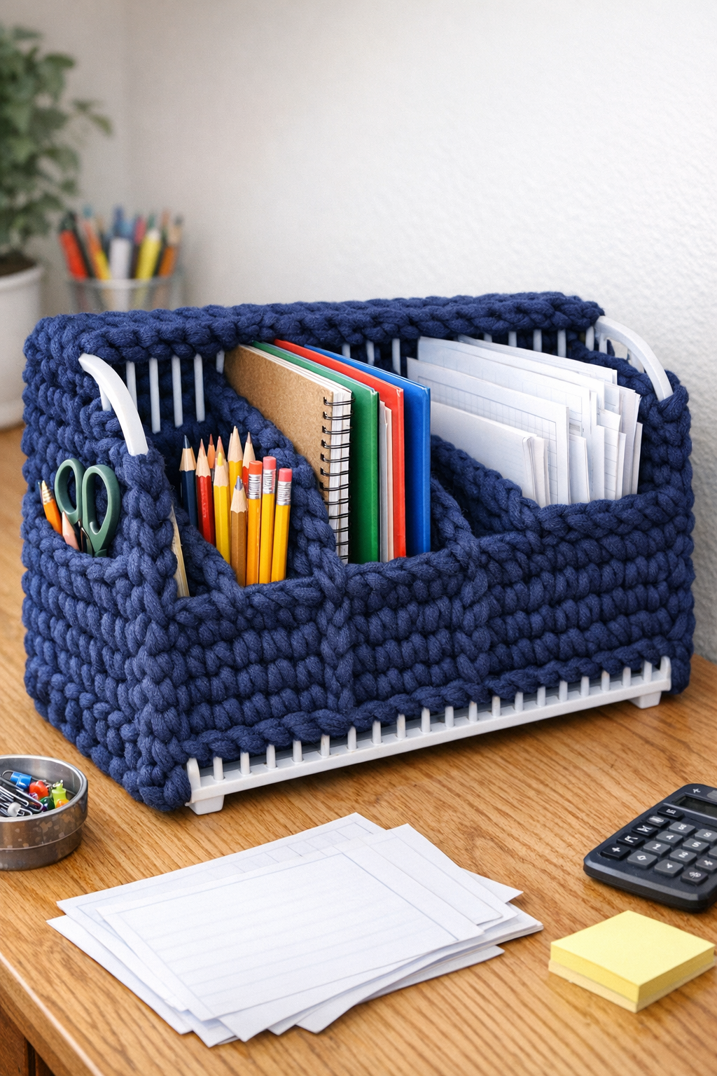 Finished crocheted homework station organizer made from a sideways dish rack