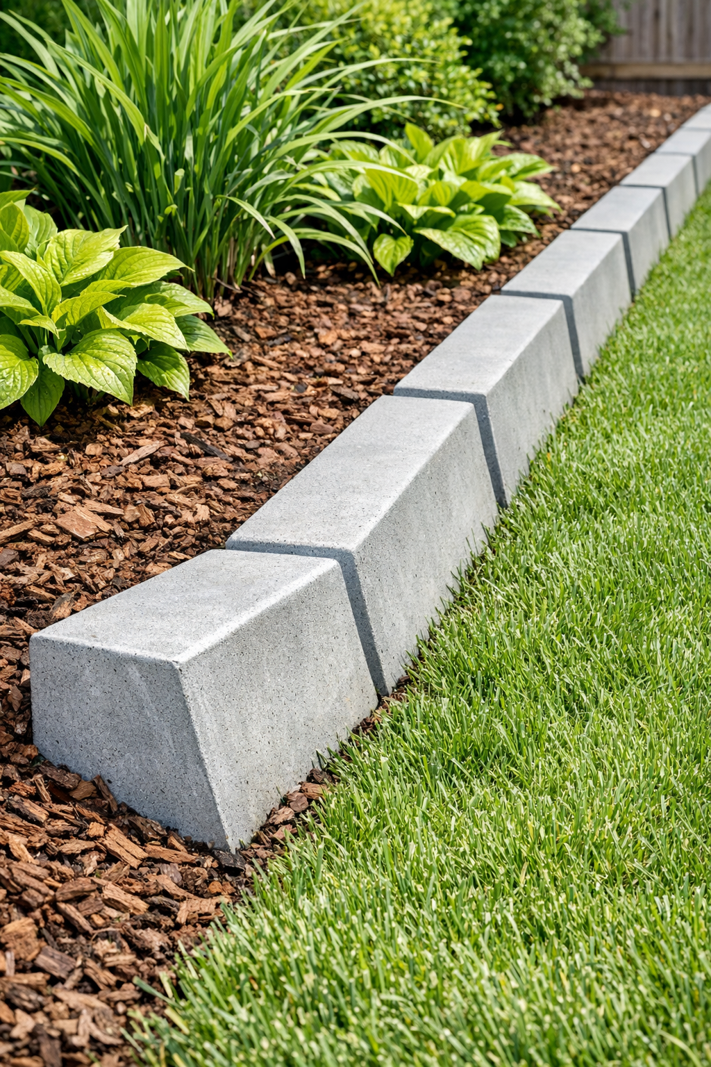 Finished angled concrete yard borders installed along a garden bed