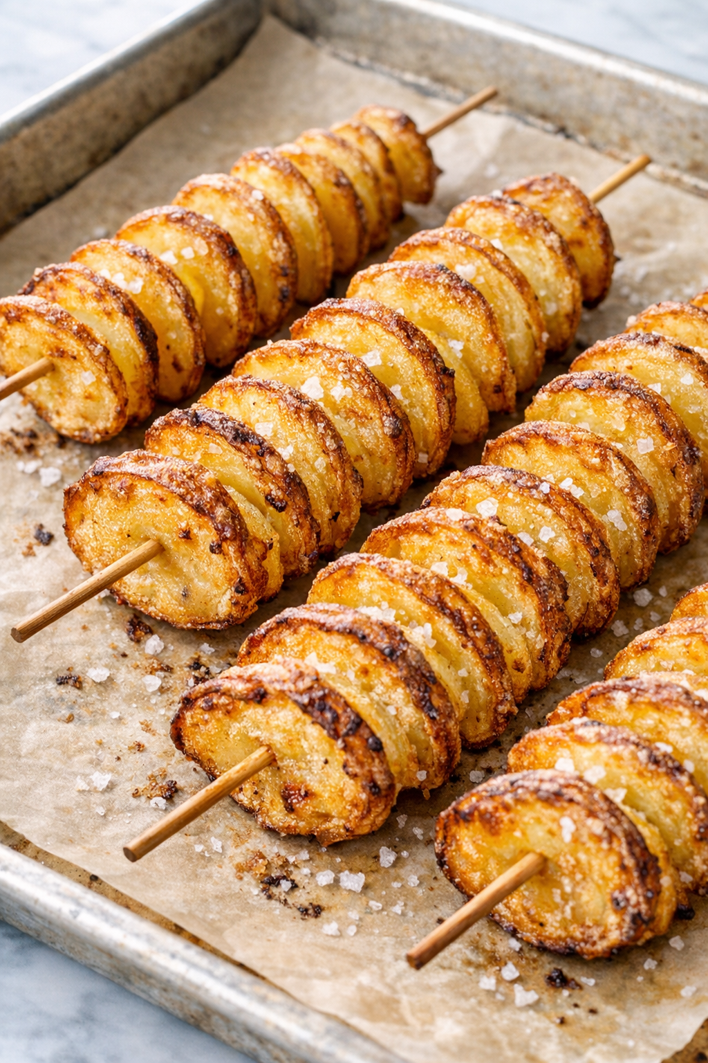 Baked crispy potato twist sticks on the baking sheet