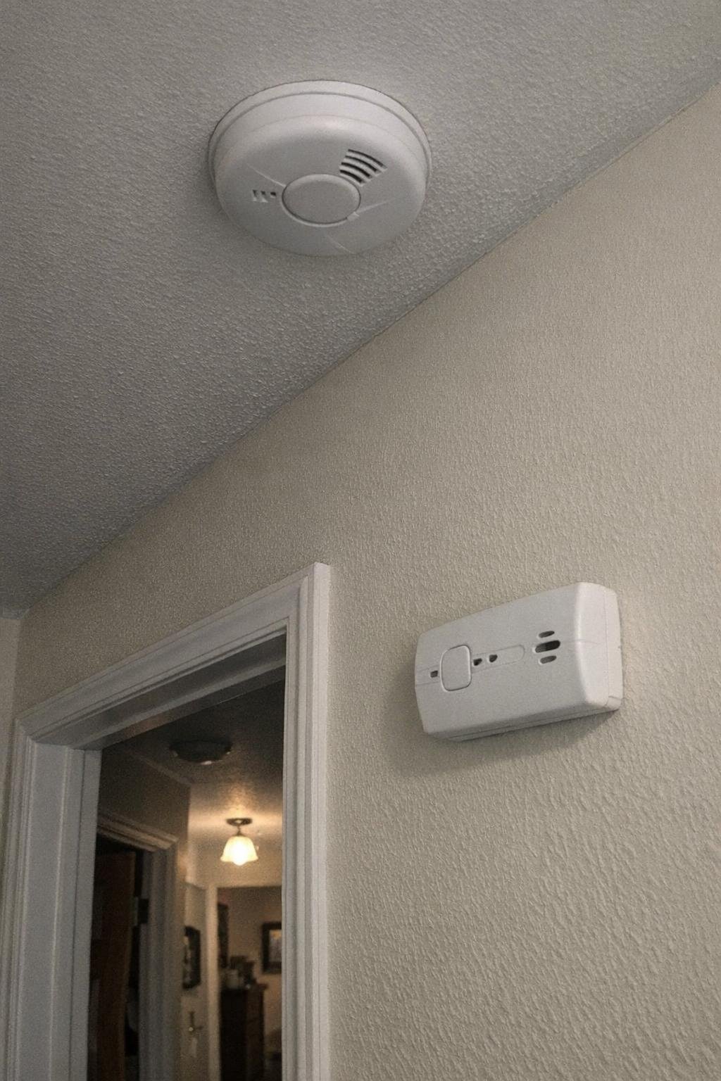 Ceiling smoke detector and hallway carbon monoxide detector in a home