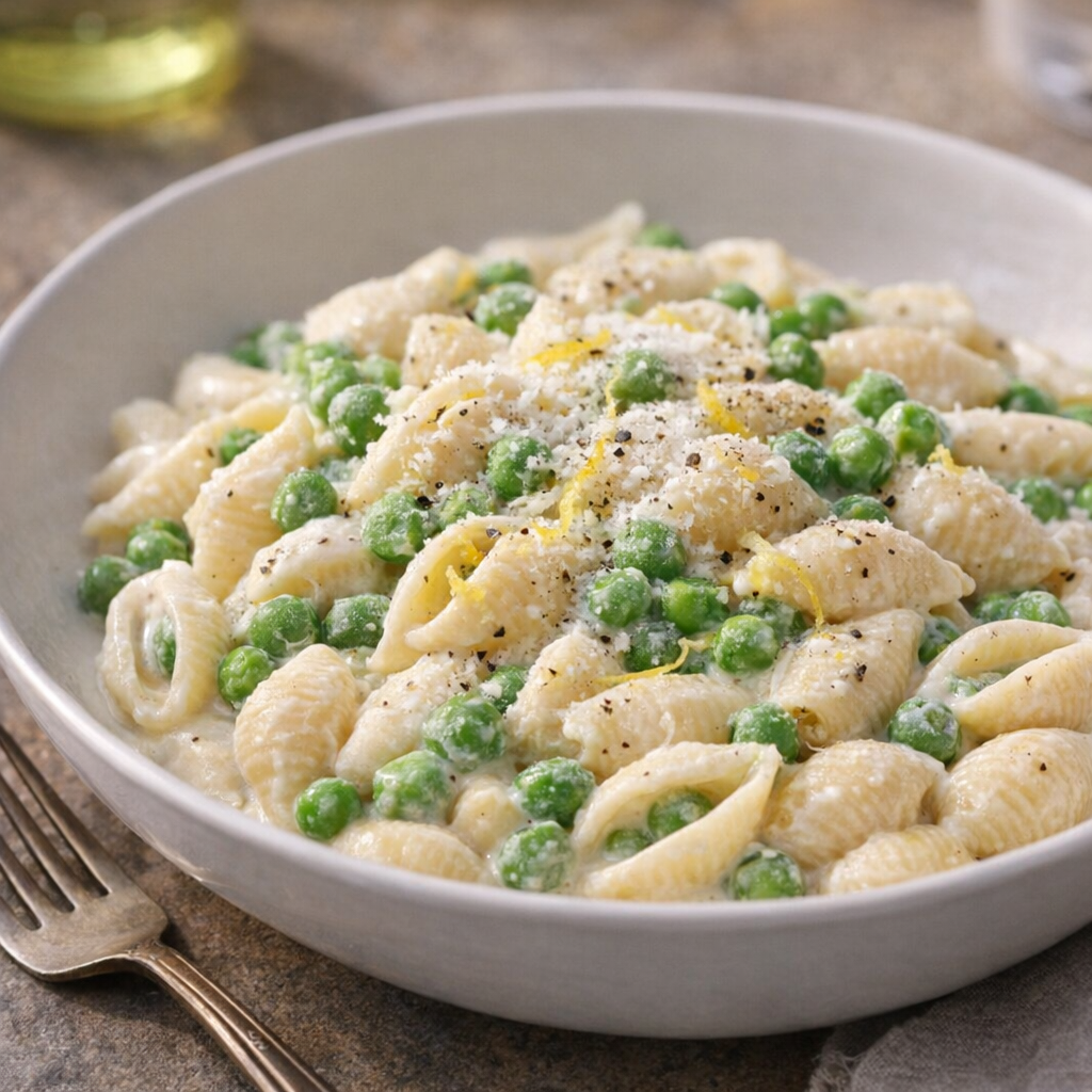 Serving of creamy pea pasta topped with Parmesan in a shallow bowl