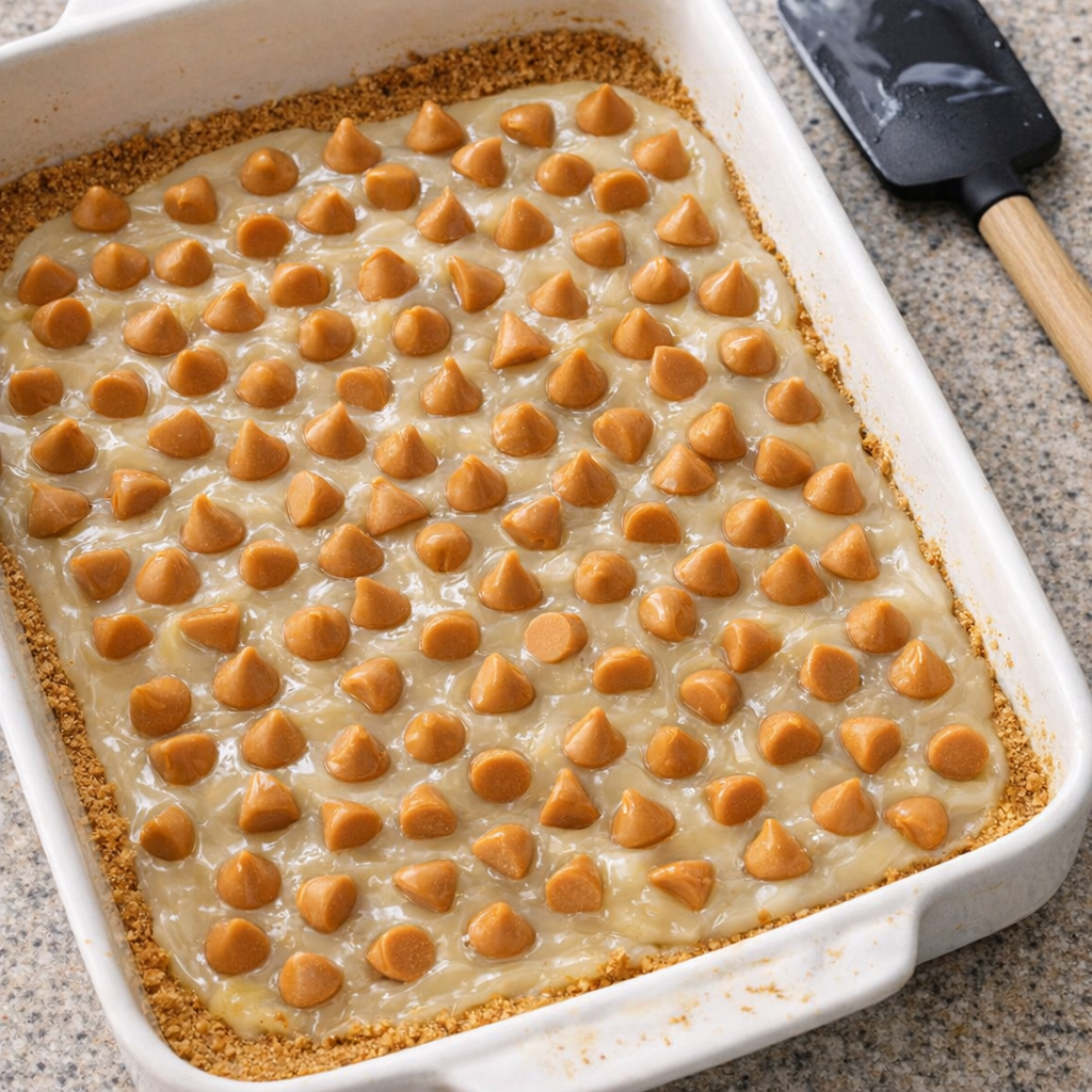 Butterscotch chips scattered over sweetened condensed milk in the baking dish
