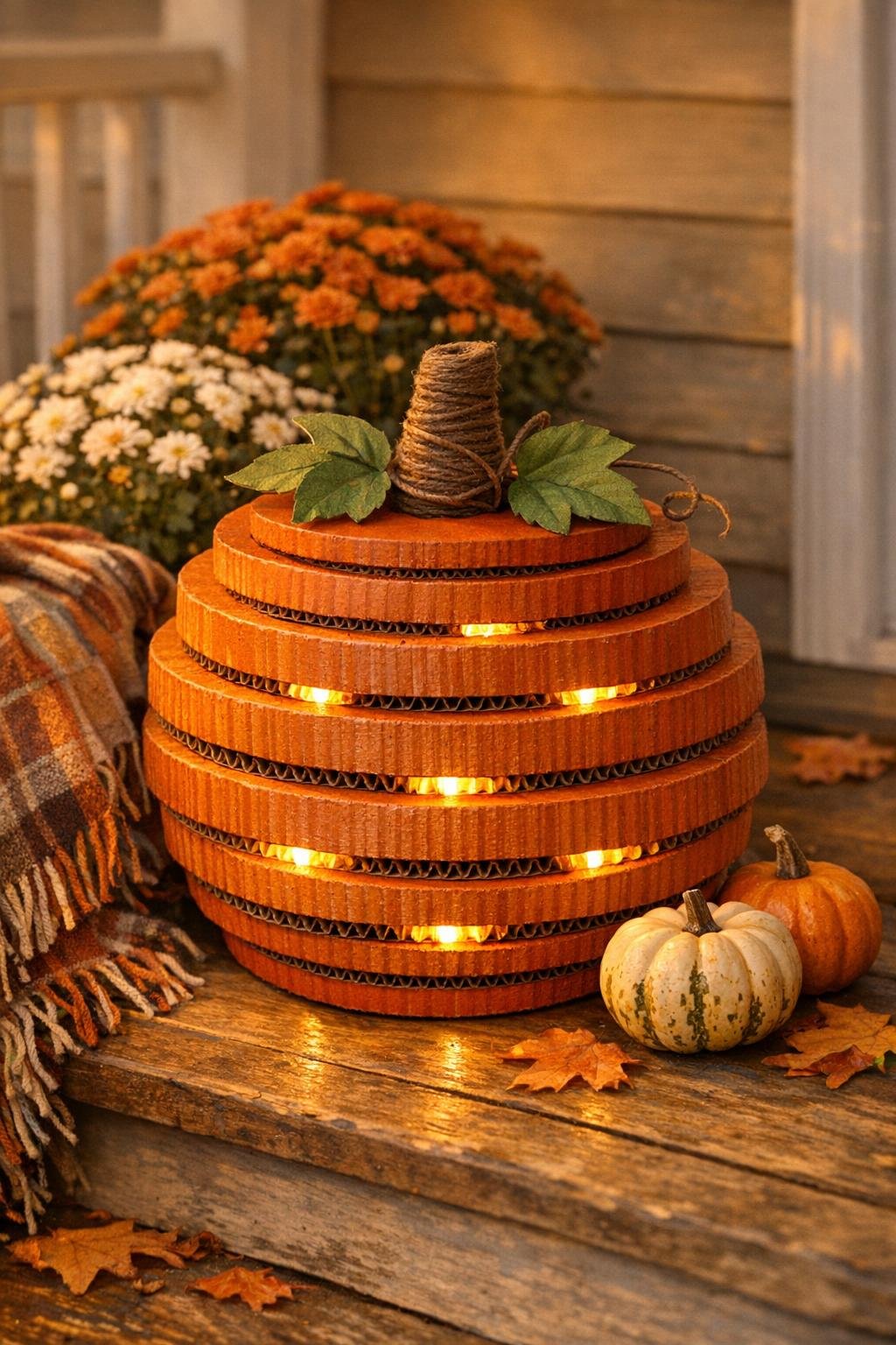 Finished glowing pumpkin lantern made from stacked cardboard rings on a fall porch