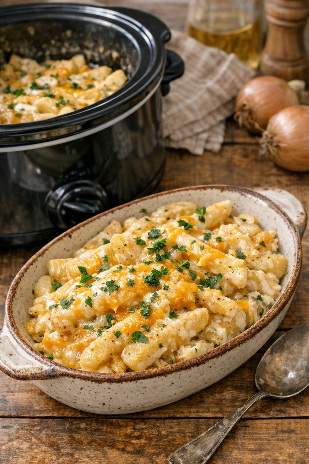 Finished slow cooker Amish late summer potatoes in a rustic serving dish