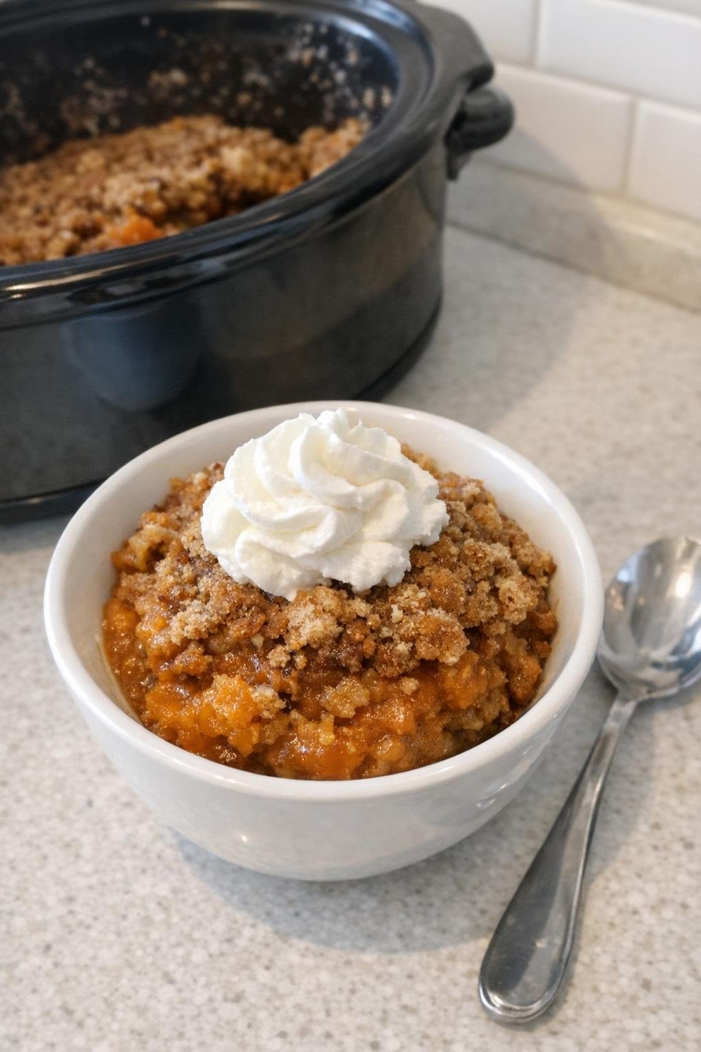 Finished pumpkin spice dump cake served warm