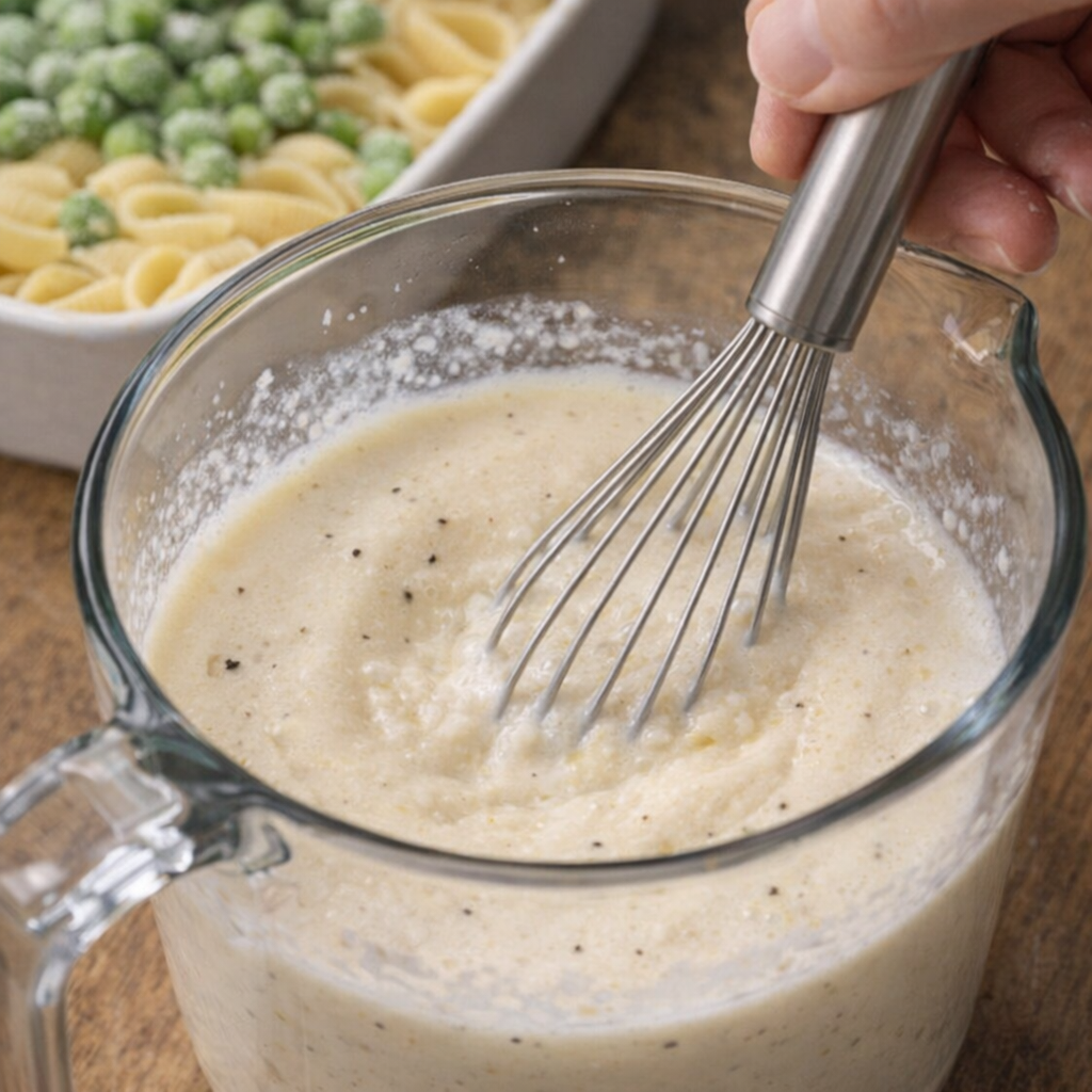 Cream broth and Parmesan mixture being whisked in a glass measuring cup