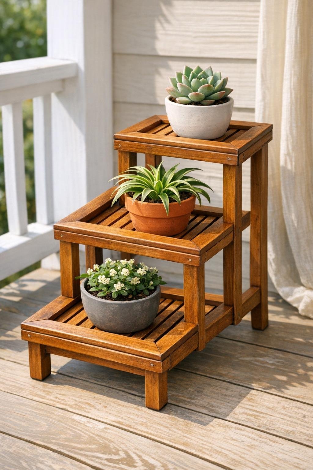 Finished three-tier plant stand made from old wooden picture frames holding potted plants