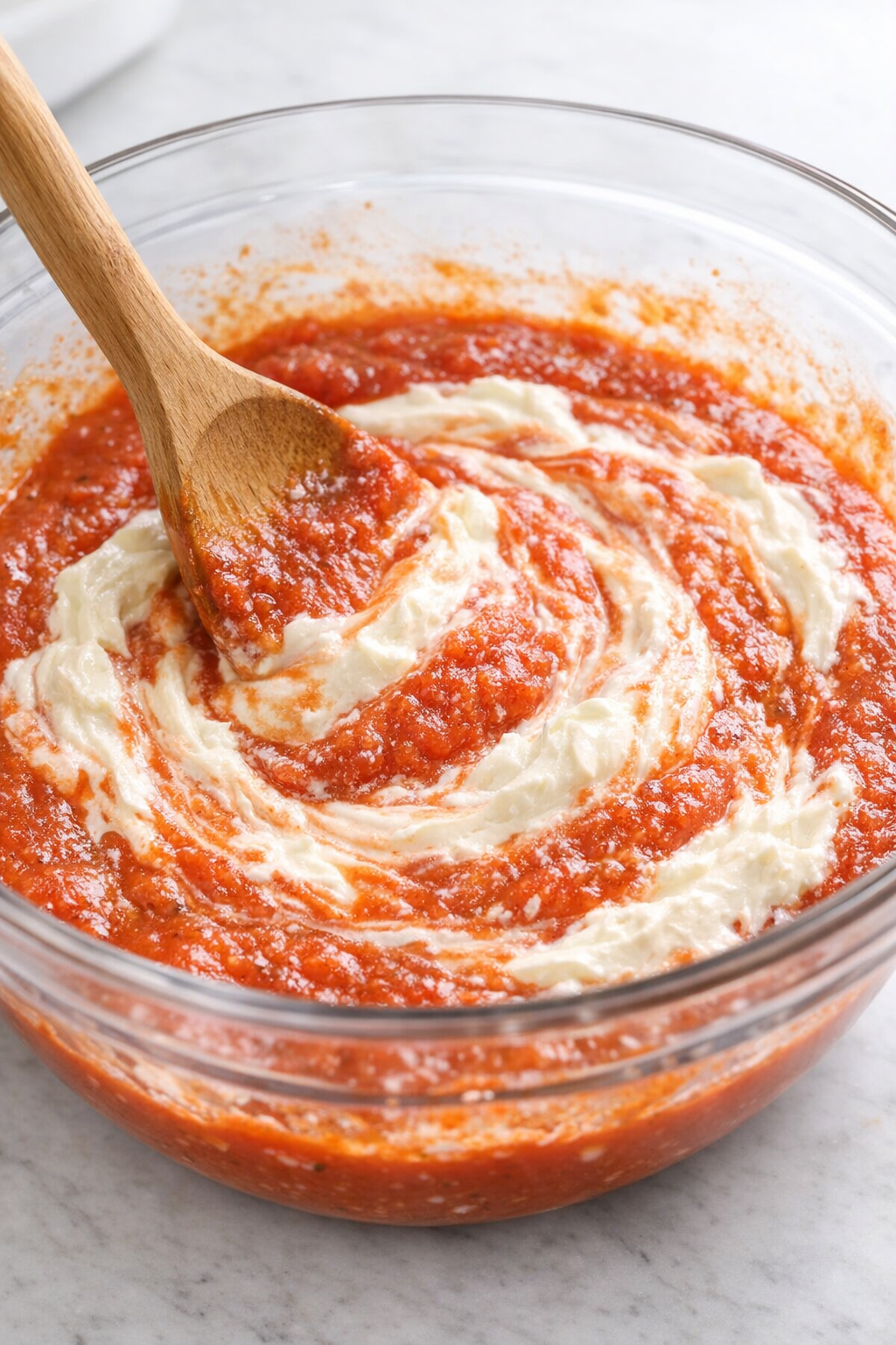 Mascarpone stirred into marinara sauce