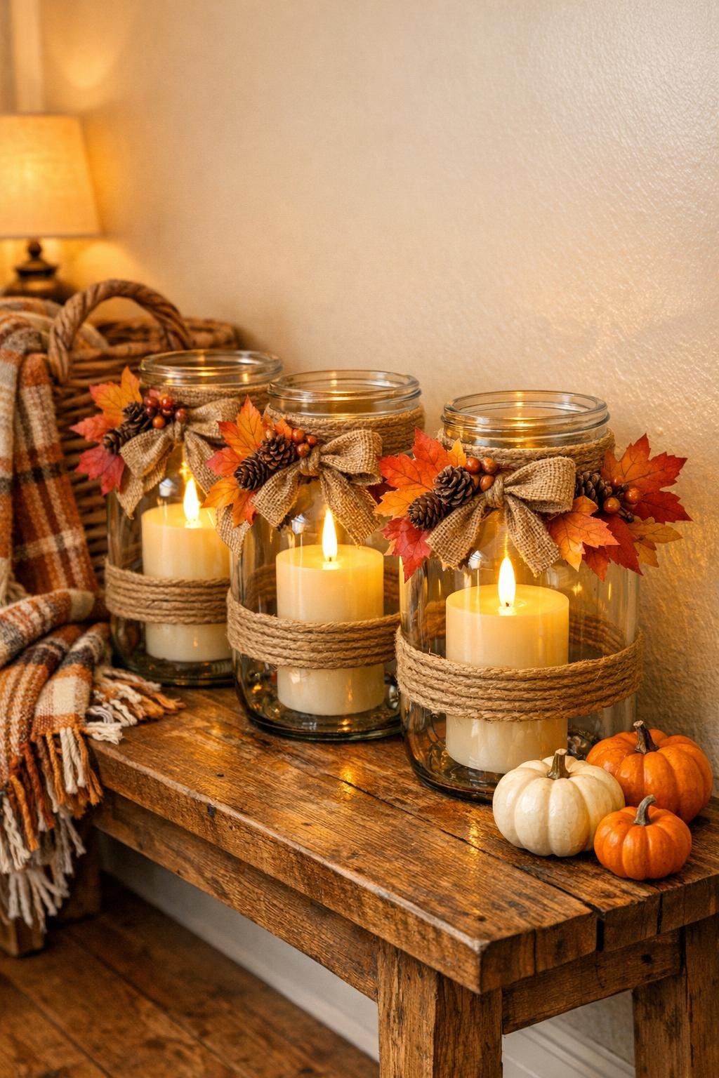 Finished autumn mason jar lantern display in hallway
