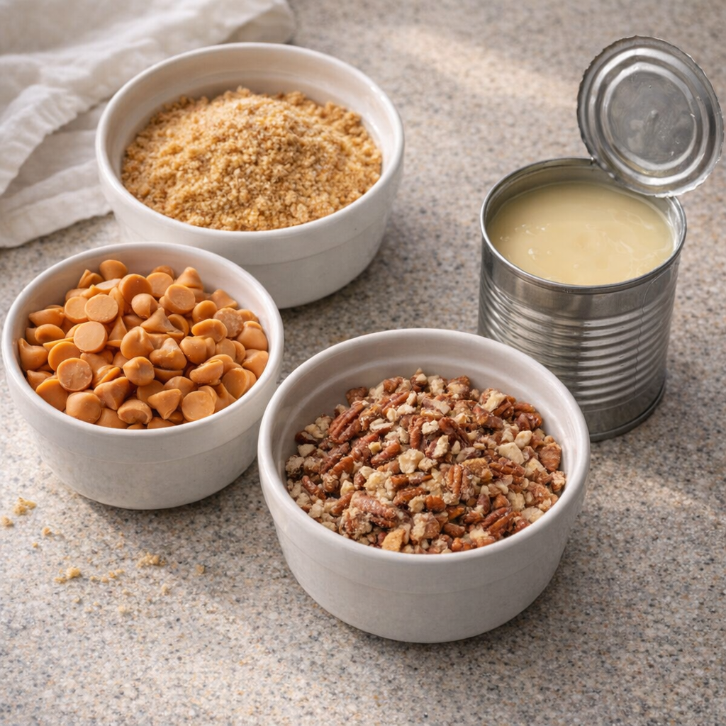 Measured ingredients for butterscotch pecan bars arranged on a kitchen counter