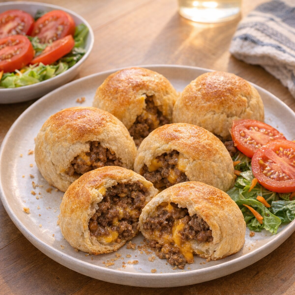 Golden beef crescent puffs on a weeknight dinner table