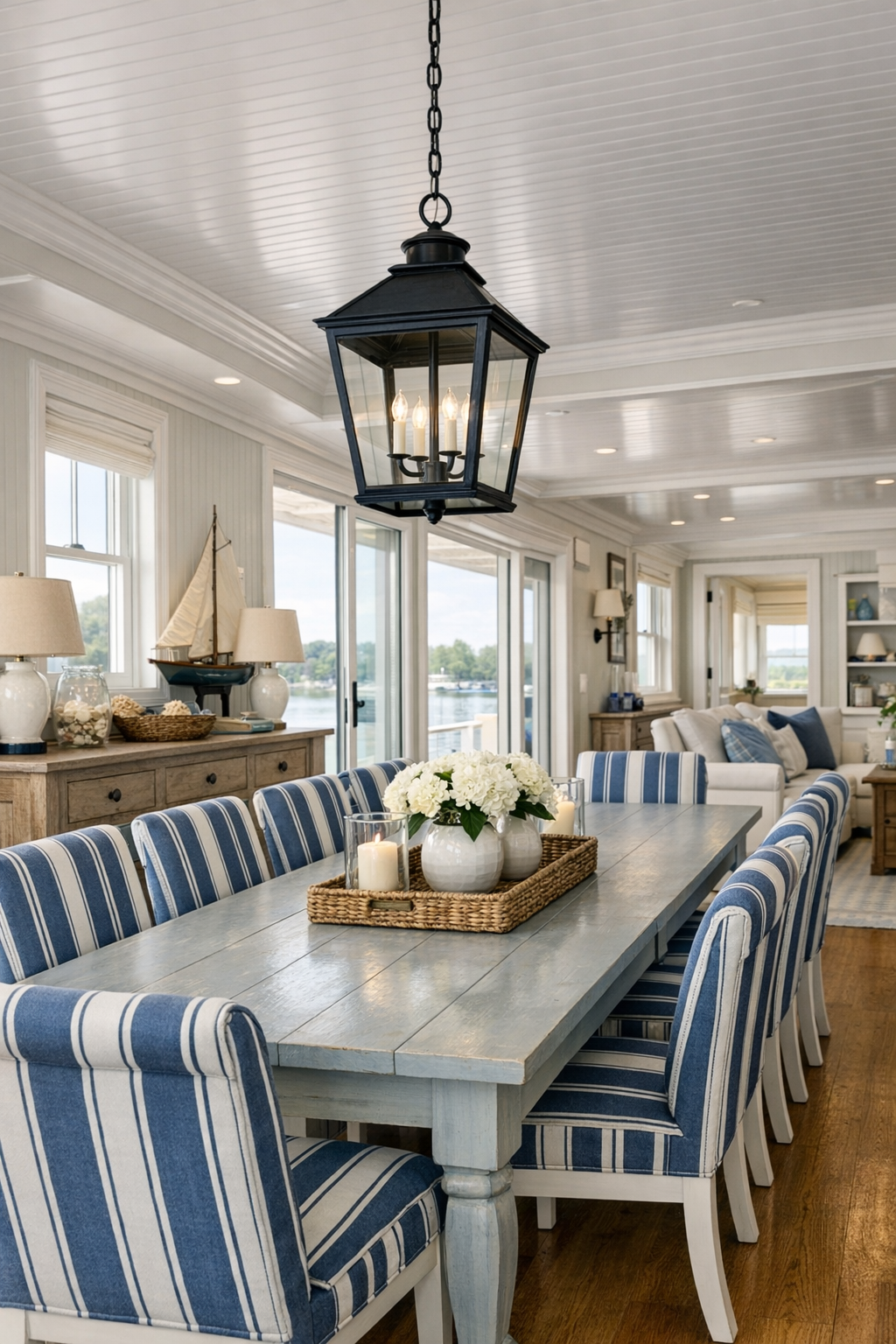 Coastal colonial dining room with painted wood table and lantern pendant