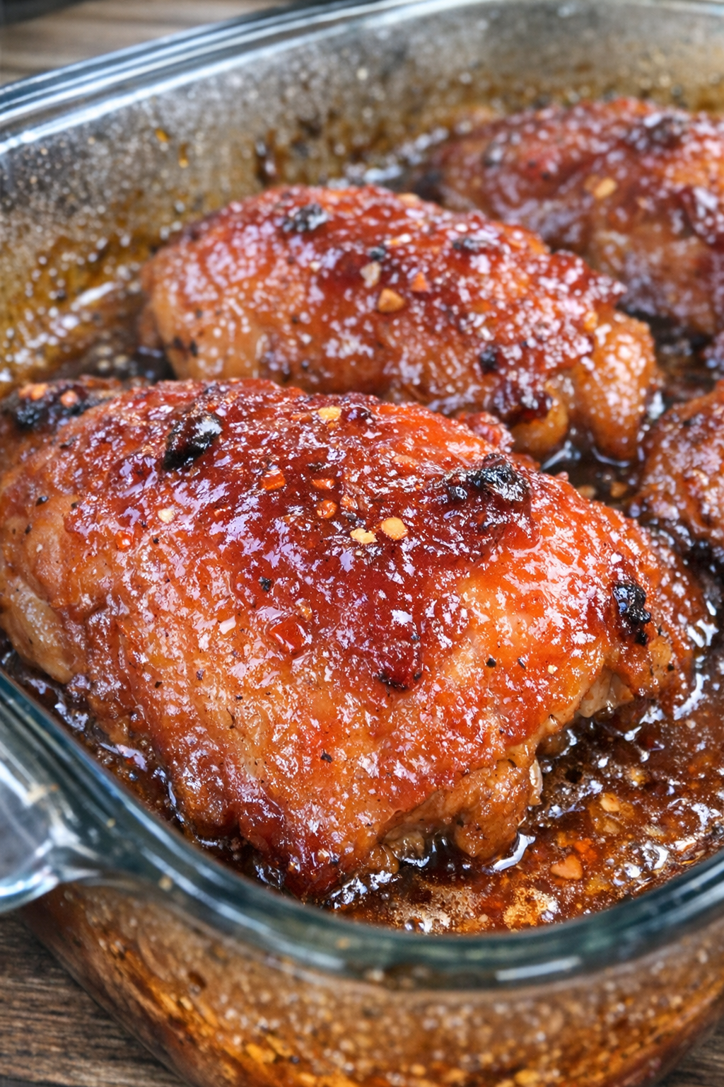 Roasted protein glazed with sticky crimson sauce in a glass casserole dish